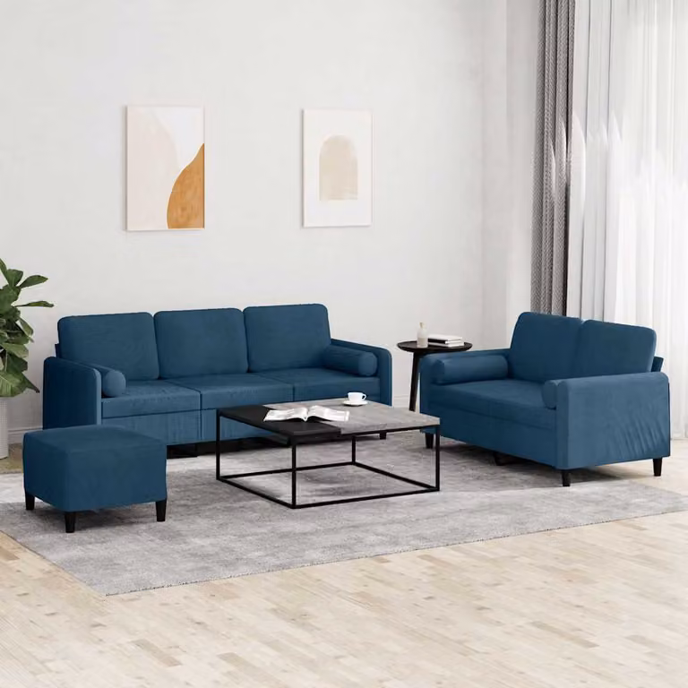 Set di Divani vidaXL in Velluto Blu con Ottoman e Cuscini per Soggiorno Moderno