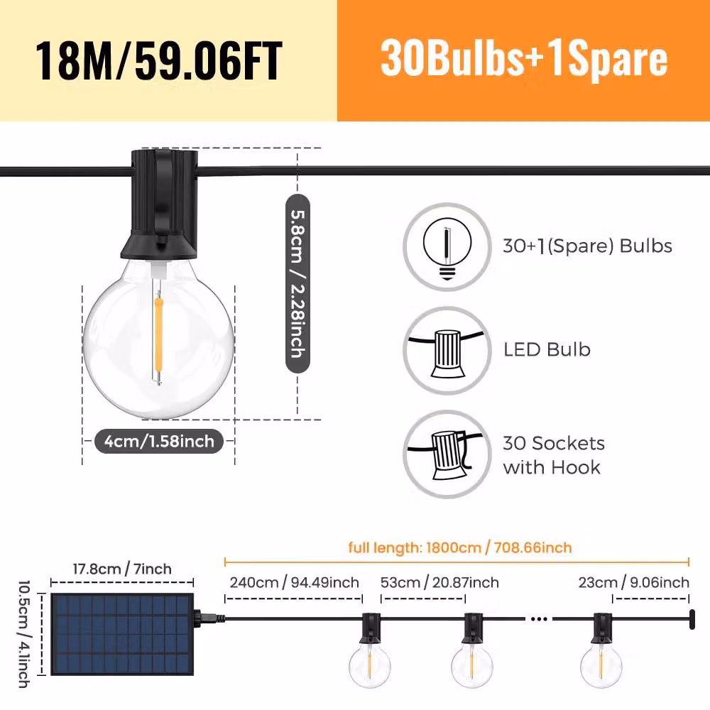 Catena luminosa solare per esterni - Catena luminosa LED G40 - 18 metri - 31 luci - Bianco caldo 3000 K - Grado di protezione IP44 - Dimmerabile