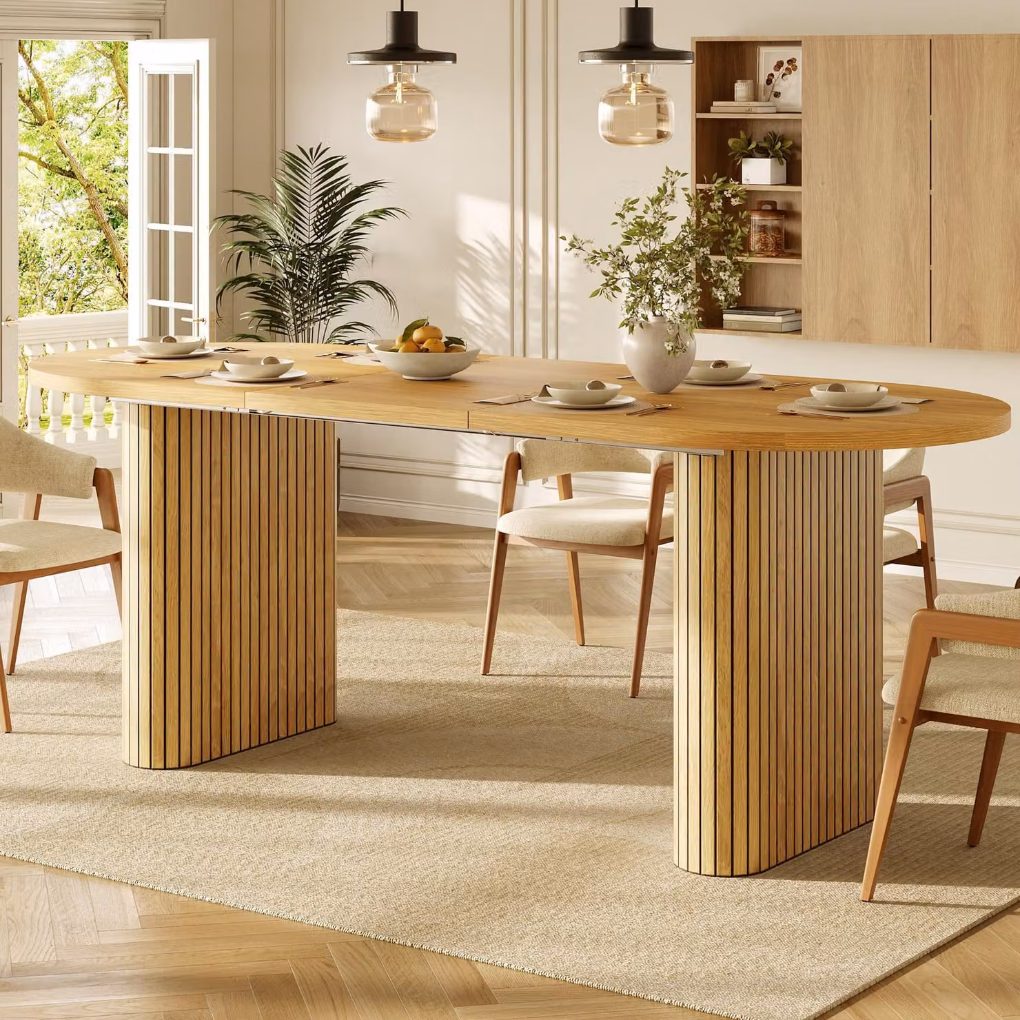 Tavolo da pranzo estendibile MODFU, con bordi arrotondati, tavolo da cucina con gambe verticali strutturate e realizzato in legno naturale