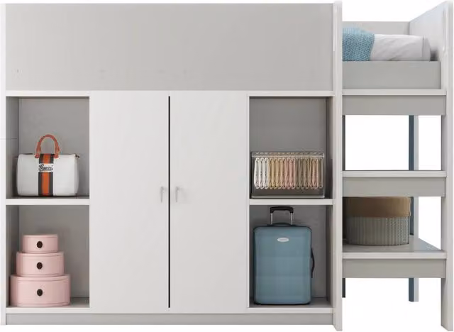 Letto a castello REDOM per bambini in legno con scala, ripiani e armadio, grigio e bianco, L/P/H: 200 x 90 x 205 cm