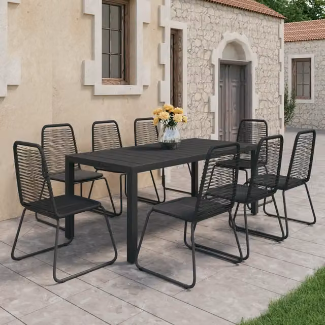 Set da pranzo da giardino VIDAXL in rattan e metallo nero con tavolo rettangolare e 9 sedie – 1