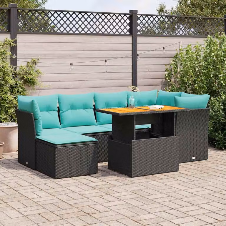 Set Divano da Giardino a L vidaXL in Polyrattan Nero con 7 Pezzi e Cuscini Blu