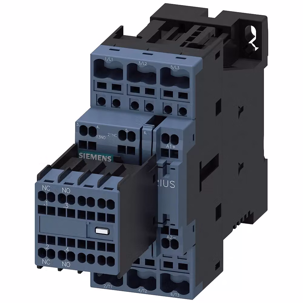 Contattore Siemens, AC-3e, 25 A/11 kW/400 V, a 3 poli, 24 V CC, 2S+2Ö, collegamento a molla 3RT20262BB44