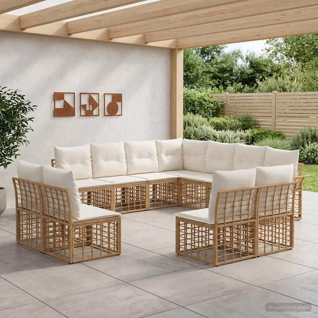 Set di divani da esterno vidaXL 11 pezzi a forma di U in stile rustico con struttura in metallo e cuscini beige e bianco crema