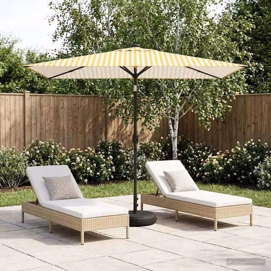 Parasol da giardino con luci LED e base vidaXL in poliestere, bianco e giallo, L: 300 cm, P: 200 cm