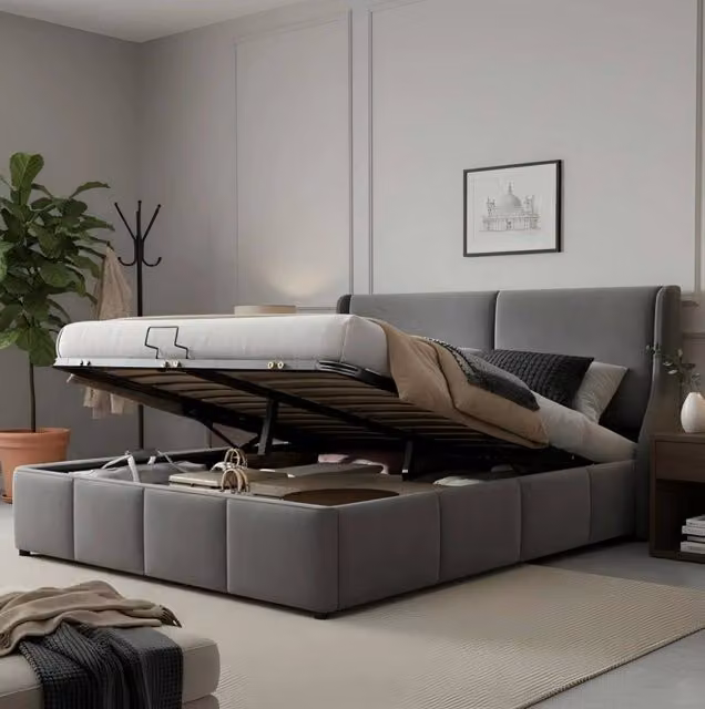 Letto contenitore matrimoniale 160x200 in velluto grigio con testiera imbottita