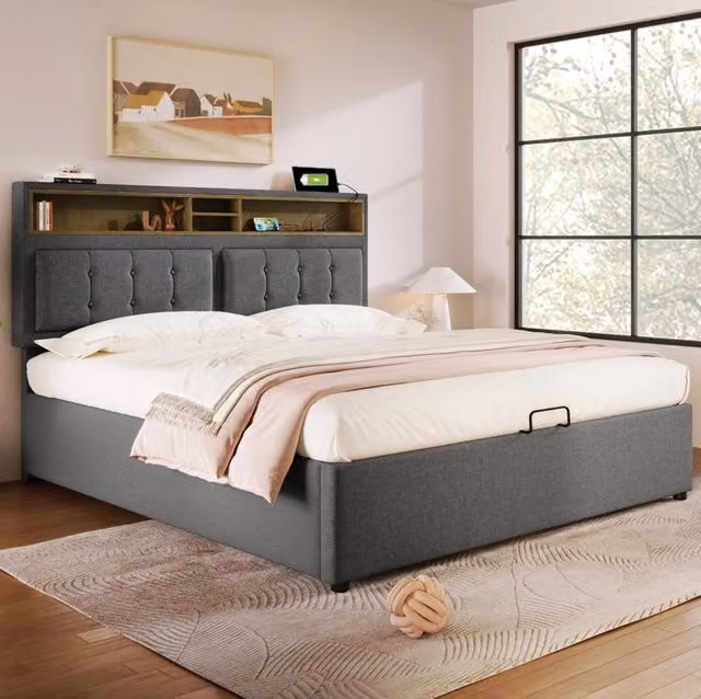 Letto matrimoniale MODFU imbottito con contenitore a sollevamento, porta USB e mensola integrata, grigio, 160 x 200 cm