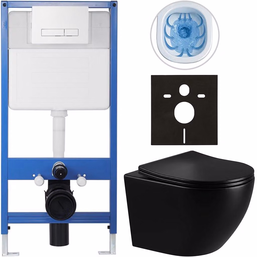 CERANO - Set completo per WC da incasso Lite/Verde - nero lucido - pulsante WC Slim, bianco - installazione a parete/cartongesso - 49x36 cm