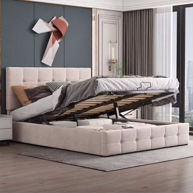 Letto imbottito contenitore ¨C Minimal ¨C velluto crema bianco 140x200 cm con testiera regolabile rete a doghe in metallo