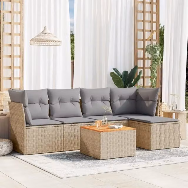 Set Divano da Giardino 6 pz con Cuscini-Sofa da Giardino-Divanetto da esterno Beige in Polyrattan 834581