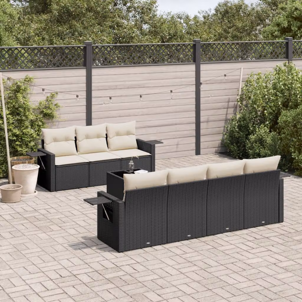 Set Divani da Giardino vidaXL a Forma di L in Polyrattan Nero con Cuscini e Tavolino da Esterno – 1