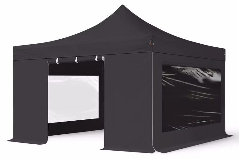 TOOLPORT 4x4m gazebo pieghevole PES con laterali (finestre panoramiche), PROFESSIONAL alluminio, nero