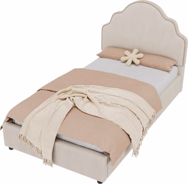 Letto singolo imbottito 90x200 cm in lino beige con testiera imbottita