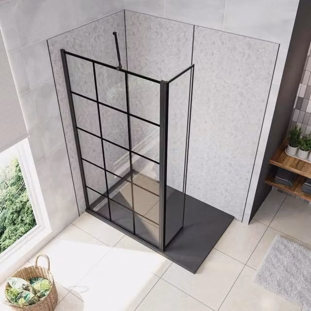 Box Doccia Parete Fissa 100x200cm con Paraspruzzo 30cm Vetro 8 mm Temperato Anticalcare Serigrafia Riquadri Neri Barra Stabilizzatrice Regolabile 73-120 cm