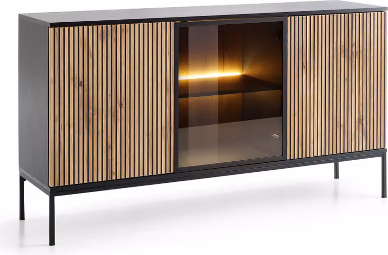 Masseno Comò SENTIERO 154 cm Credenza con LED 3 ante per soggiorno camera da letto Moderno 154x39x83 cm Nero / Rovere Wotan