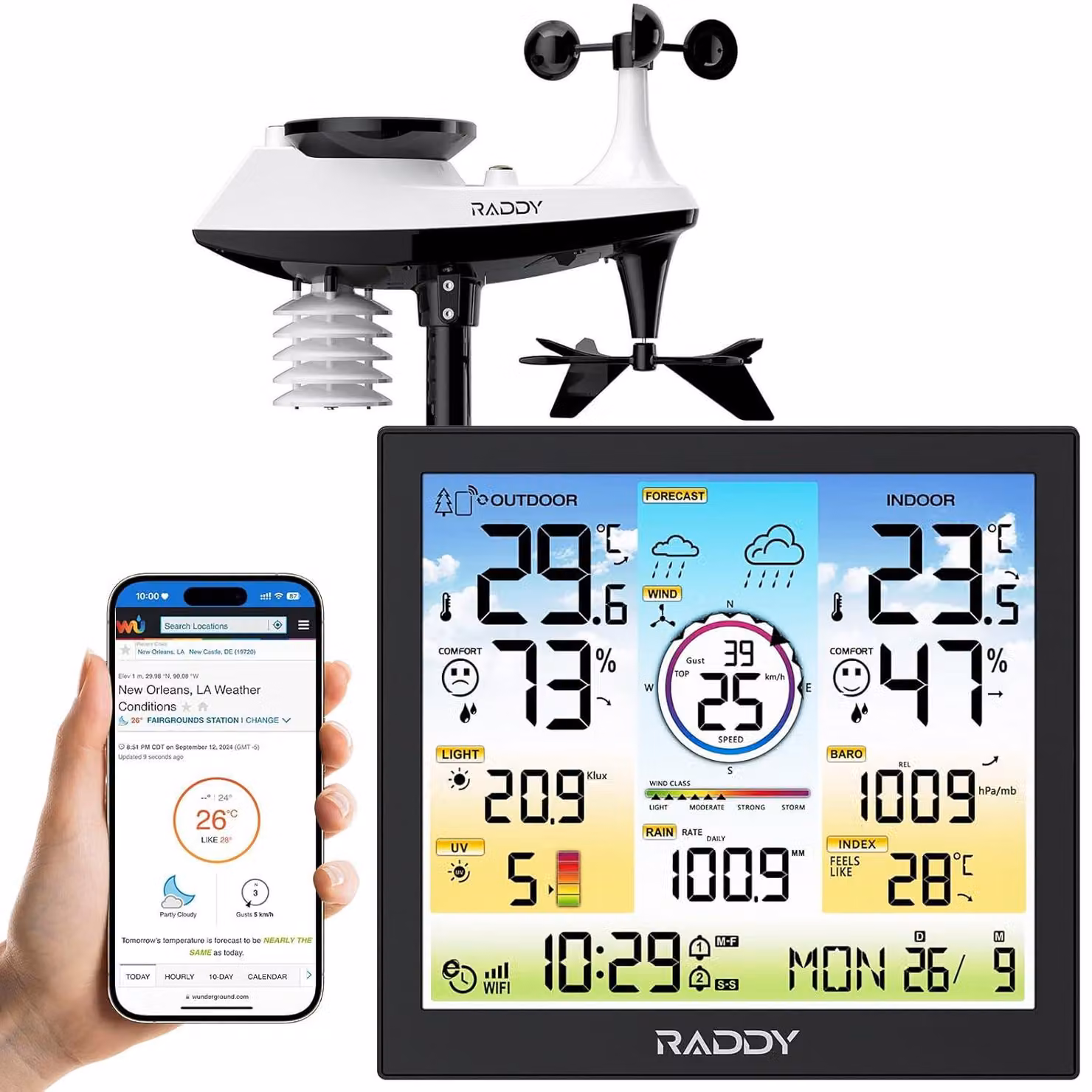 WF-120C: Stazione meteorologica wireless professionale con Wi-Fi, misuratore di temperatura e umidità per interni ed esterni, dotata di sensore esterno 7-in-1, pluviometro e anemometro