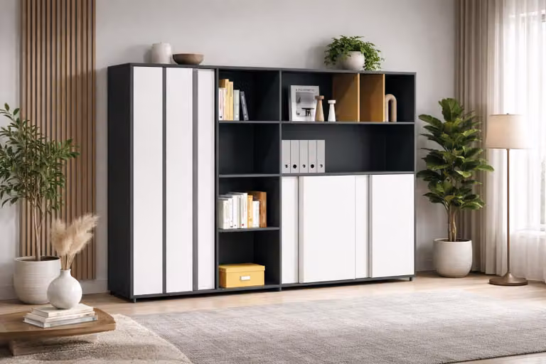 Esclusivo armadio contenitore grigio con eleganti ripiani: libreria