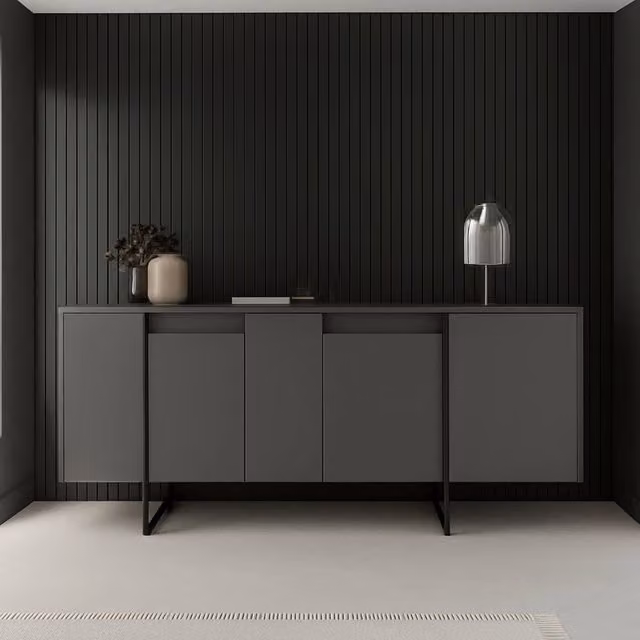 Credenza Arta, Buffet da soggiorno, Madia da salotto, Dispensa da cucina, 160x35h80 cm, Antracite e Nero