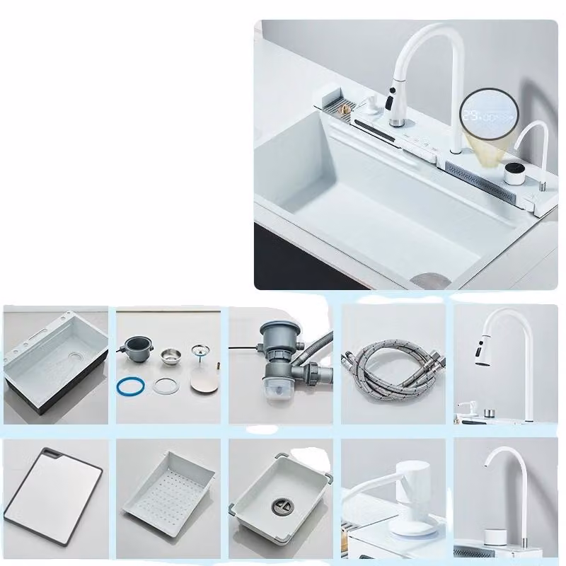 Lavello da cucina, rubinetto integrato, design rettangolare, bianco