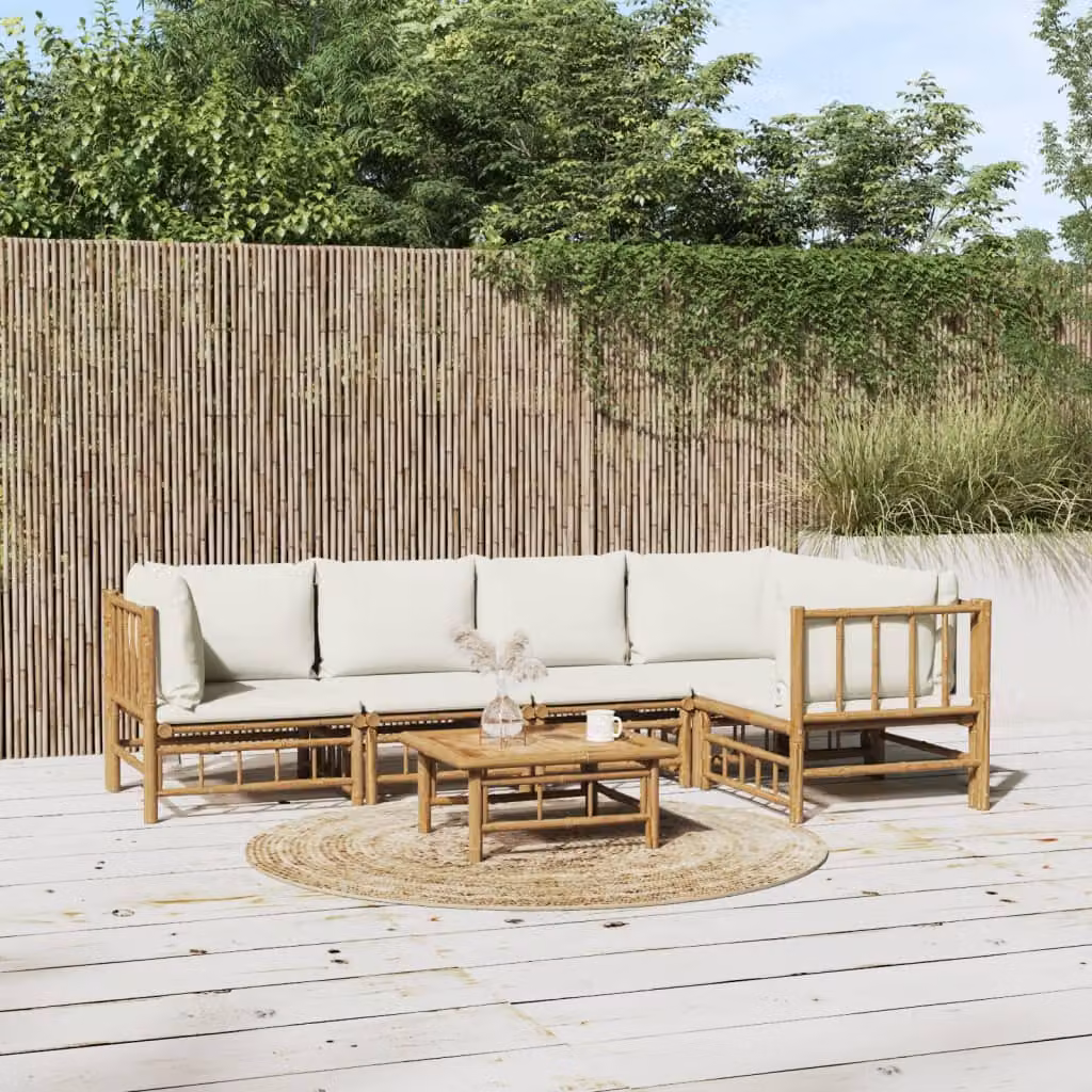Set Salotto da Giardino vidaXL in Bambu a Forma di L con Cuscini, Tavolino e Divano 2 Posti, Colore Bianco Beige e Marrone