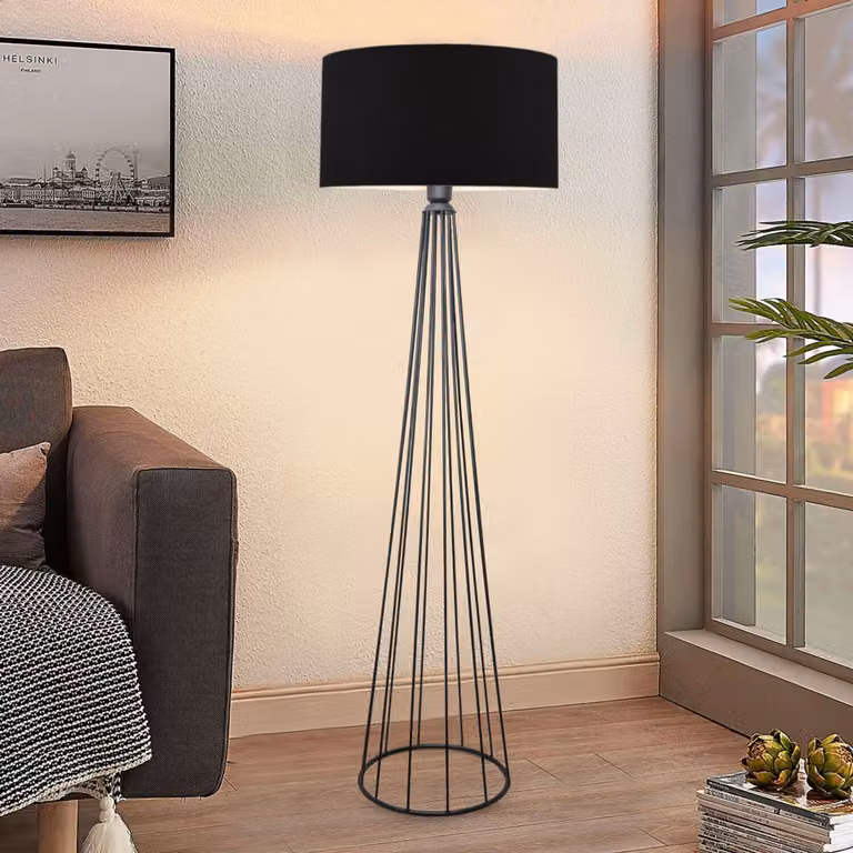 Opviq, lampada da terra di alta qualità interamente in metallo, nera, altezza 155 cm | Paralume in tessuto 21 x 38 cm, attacco E27 max. 40 W | Design moderno e industriale adatto a qualsiasi ambiente.