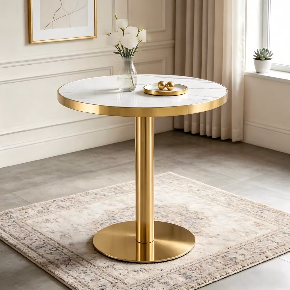 Tavolino Rotondo da Salotto Minimal con Piano Effetto Marmo Bianco e Struttura in Acciaio Dorato, Diametro: 74 cm, Altezza: 60 cm – 2