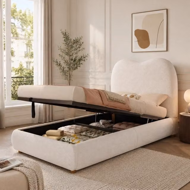 Letto imbottito CIPACHO in bouclé beige con contenitore contenitore a sollevamento L/P: 90 x 200 cm