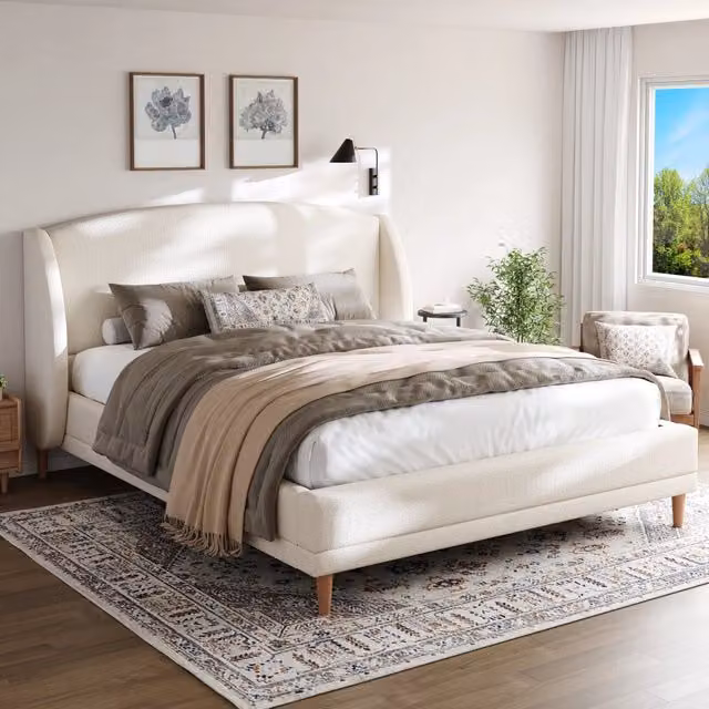 Letto matrimoniale 140 × 190 cm 2 posti con testiera ad ali e doghe, in tessuto bouclé bianco, senza materasso