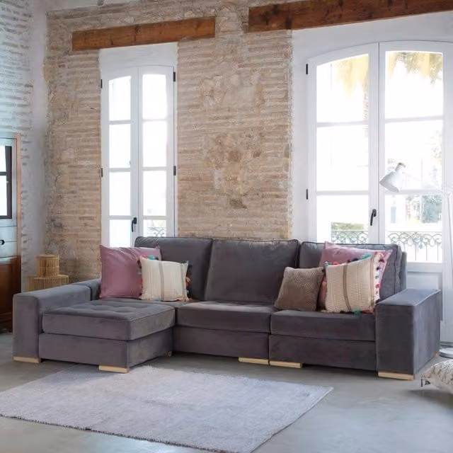 Sofà lettino Moa Banak a 3 posti con angolo sinistro, modello moderno in tessuto grigio con funzione letto e struttura in legno e MDF