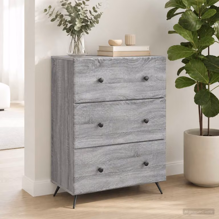 Mobile con cassetti e ante scorrevoli vidaXL in legno e metallo, grigio, L: 66 cm, P: 34,5 cm, H: 90 cm