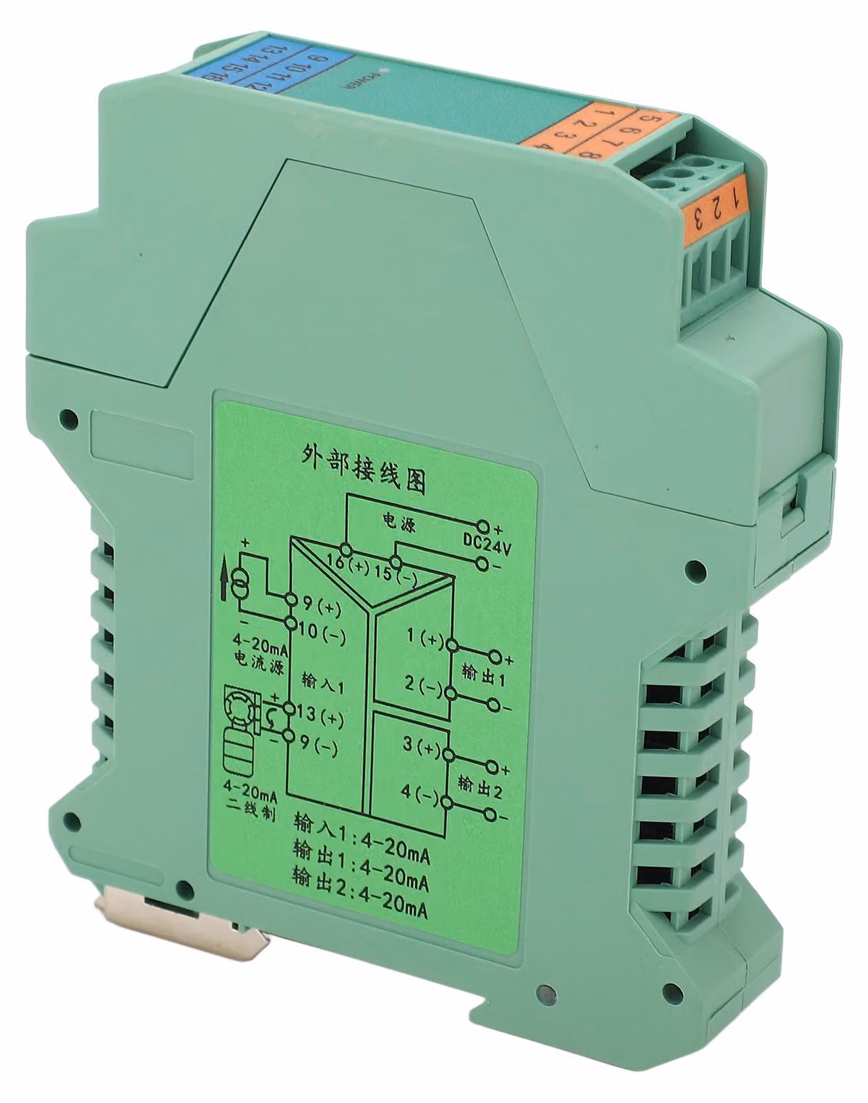 1 in 2 Out Isolatore di segnale corrente CC Trasmettitore di rilevamento PLC 4-20 mA CC24V