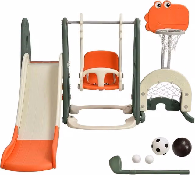 Costway Set 6 in 1 Parco Giochi per Bambini con Altalena, Scivolo, Canestro da Basket e Golf, Arancione, L: 182 cm, P: 172 cm, H: 120-108 cm – 1