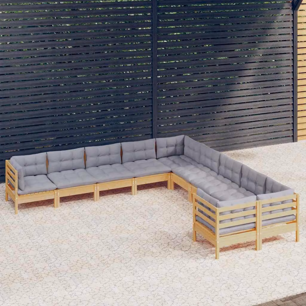vidaXL Set di Divani da Giardino a Forma di U in Legno Massello di Pino con Cuscini Grigi
