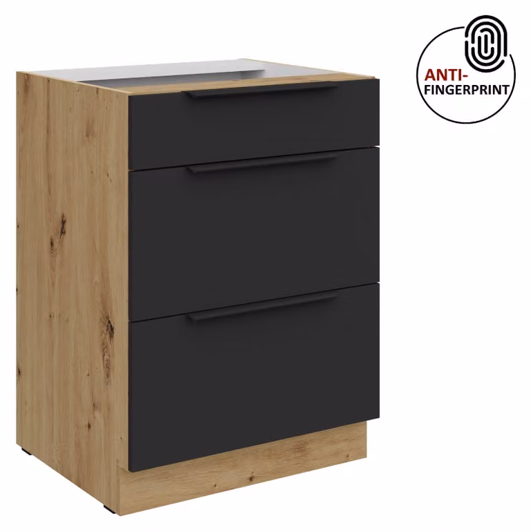 Mobile base da cucina da 60 cm, cucina ARIA nero ultra opaco + rovere Artisan opaco, frontali di alta qualità con rivestimento anti-impronta, mobile da cucina con chiusura ammortizzata
