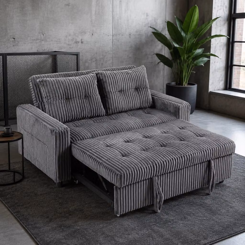Divano letto MIVRAY 2 posti 3 in 1 con schienale regolabile e letto estraibile in tessuto a coste grigio scuro – 2