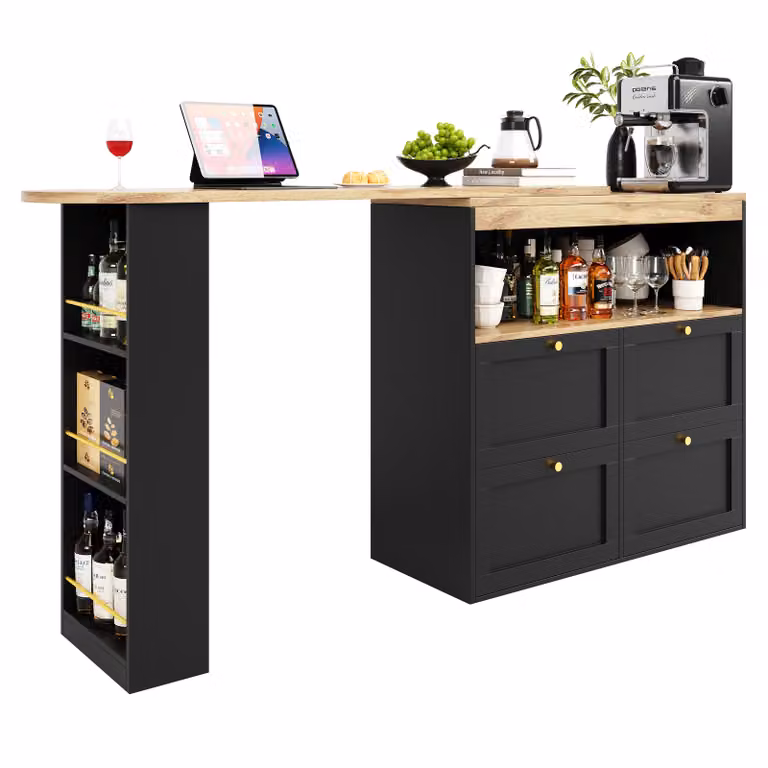 Abrihome Tavolo da sala da pranzo girevole a 360° Tavolo da bar con 4 cassetti e spazio di archiviazione aperto, allungabile con armadio, nero