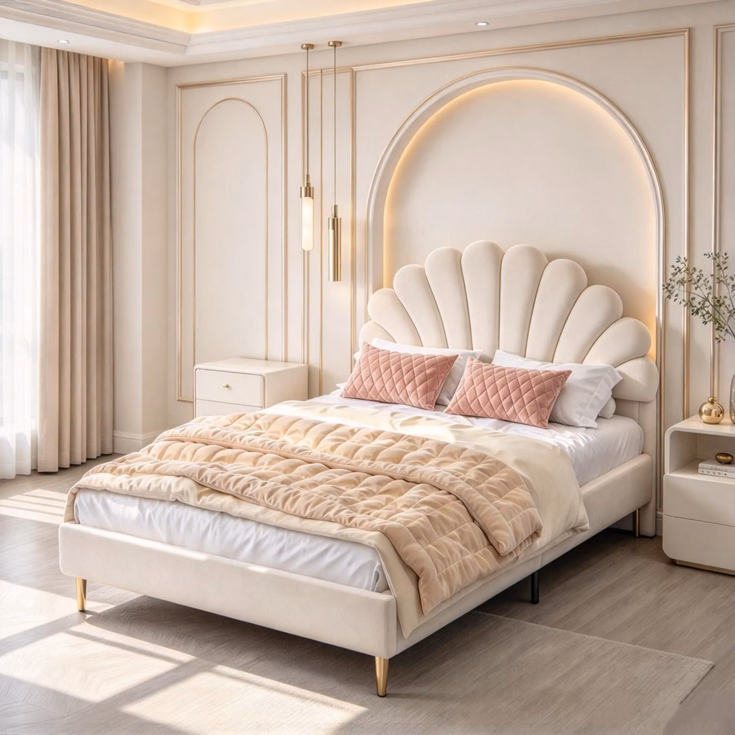Letto imbottito INONEFT, 140x200 cm, con testiera a forma di fiore, rete a doghe, letto matrimoniale, letto per bambini, in velluto, per bambini e adolescenti, color beige
