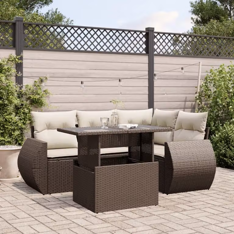 vidaXL Set Divano da Giardino 5 pz a L in Polyrattan Marrone con Cuscini Bianchi