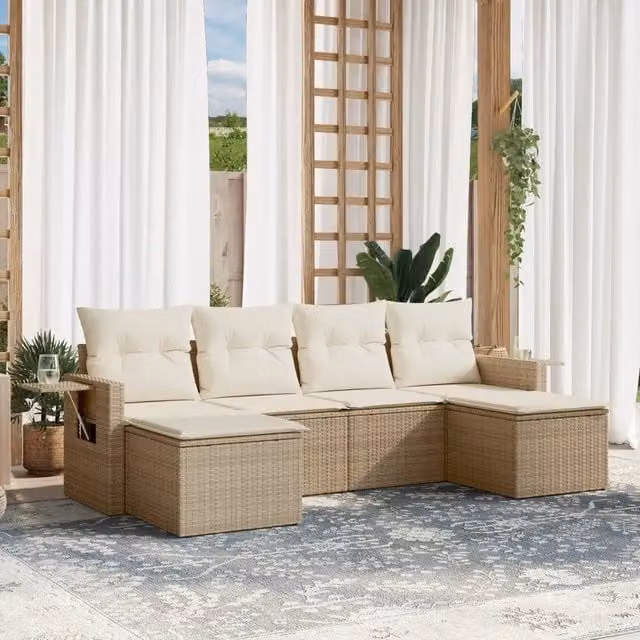 Set Divano da Giardino a L VIDAXL in Polyrattan Beige con Cuscini, 6 Posti