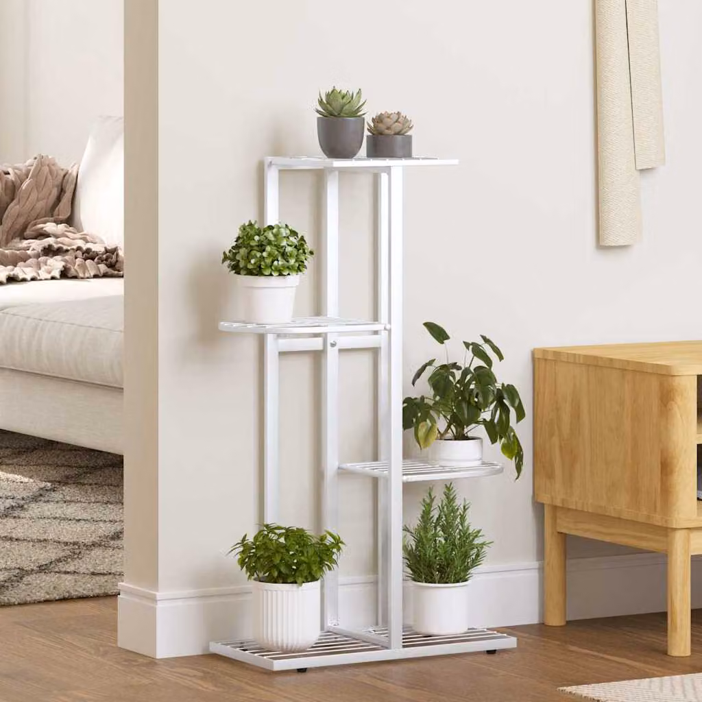 vidaXL Piedistallo per Piante a 4 Piani in Metallo Bianco Lucido L: 43 cm, P: 22 cm, H: 76 cm