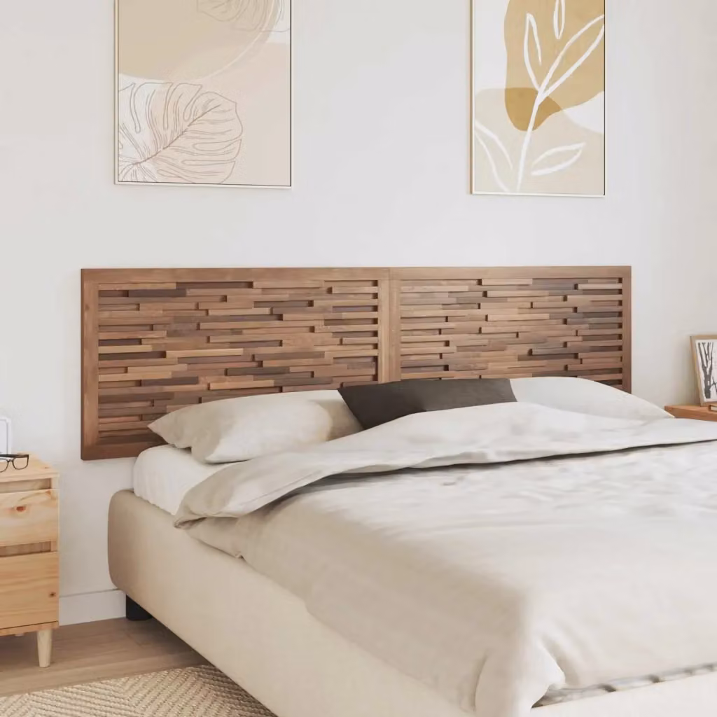 Testiera in legno di teak solido naturale marrone con design geometrico e stile rustico, da appendere a parete, L: 200 cm, H: 55 cm, P: 3,5 cm – 2