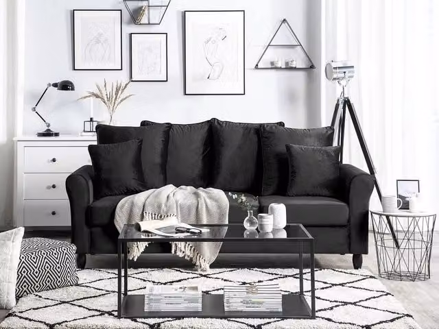 Divano a 3 posti Beliani in velluto nero con struttura in legno massello e cuscini rimovibili L: 197 cm, P: 76 cm, H: 79 cm – 1