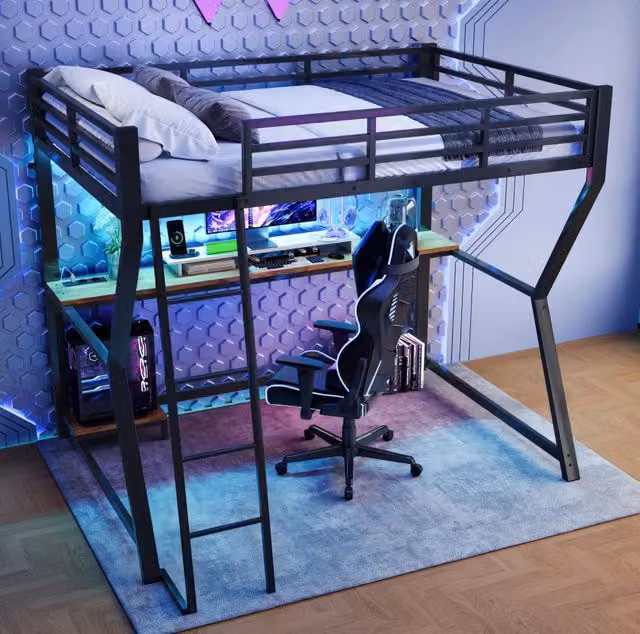 Letto a soppalco 90x200 cm con scrivania; luce LED; presa elettrica e USB; nero