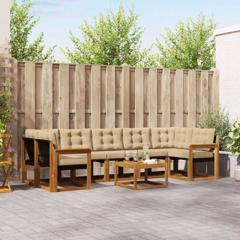 Set di divani da esterno vidaXL 8 pz in legno di acacia con tavolo da caffè e cuscini, beige e marrone