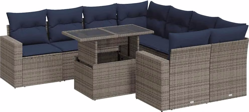 Set Divano da Giardino 9pz con Cuscini Grigio Polyrattan Acacia