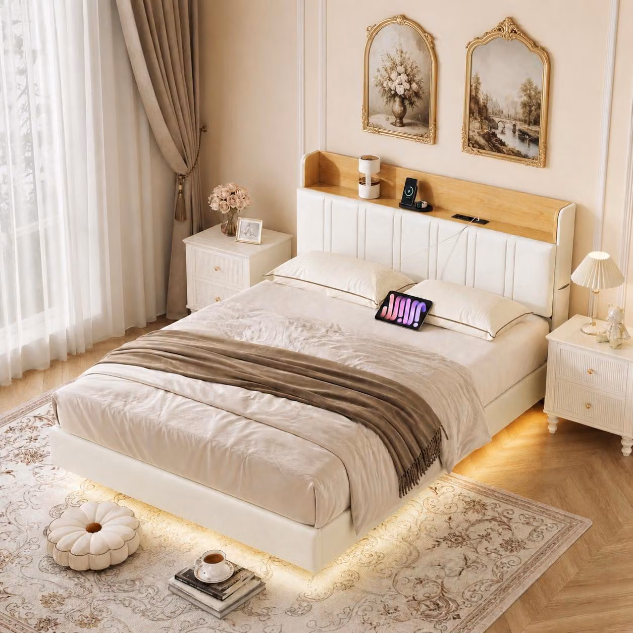 INONEFT, letto sospeso 160 x 200 cm, letto per adulti, letto imbottito con LED e USB, letto matrimoniale con rete a molle, testiera con due tasche in tessuto, materiale: PU, colore: bianco