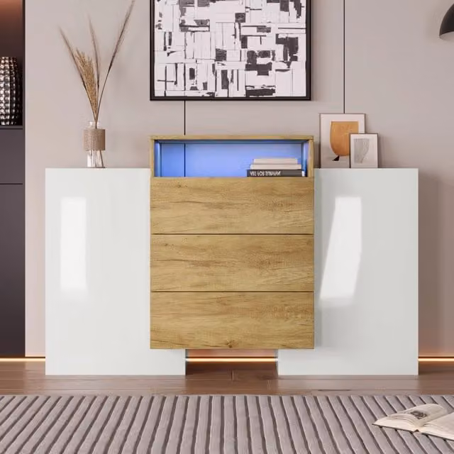 Madia moderna MIVRAY con LED multicolore regolabile, 2 ante e 3 cassetti in MDF bianco lucido e color legno, L 140 x P 30 x H 77.5 cm
