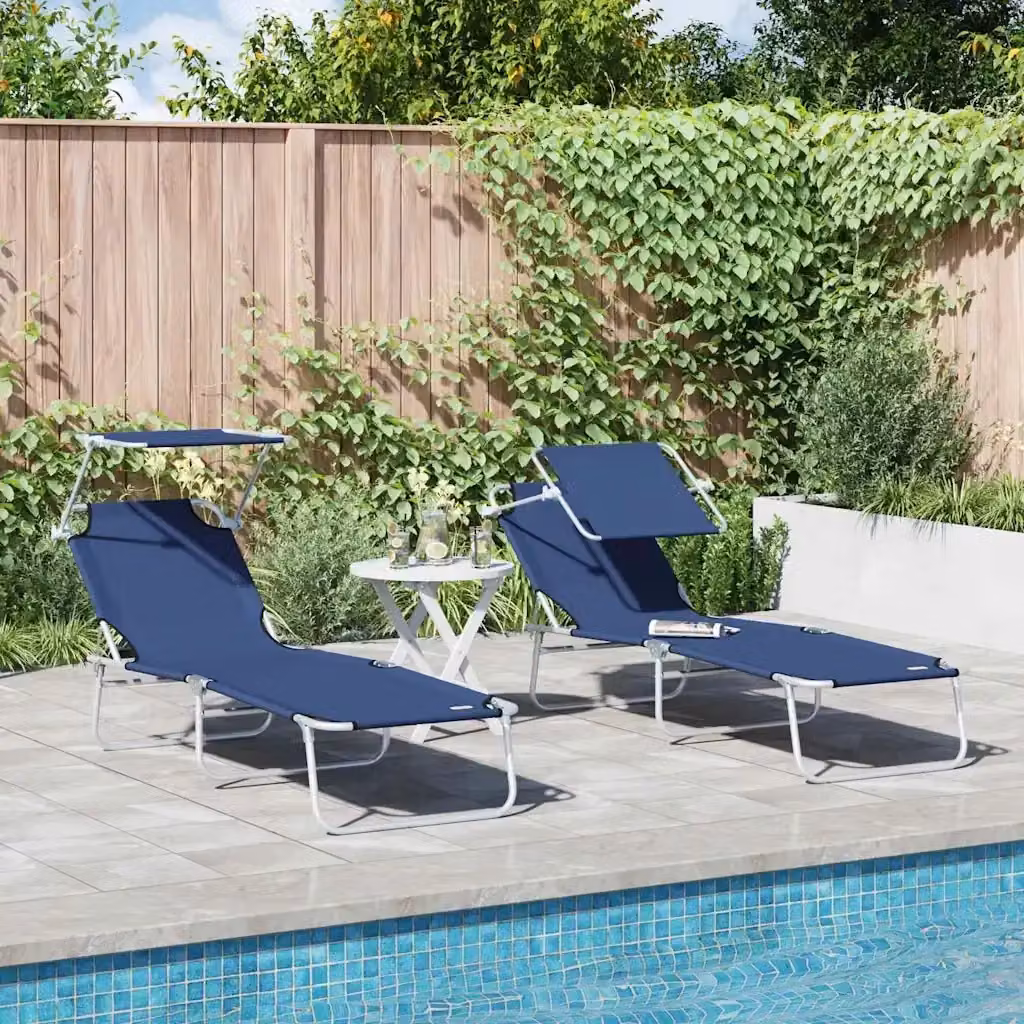 Set di 2 lettini prendisole da giardino blu con parasole e poggiatesta regolabile in poliestere, L/P/H: 188 x 58 x 77 cm – 2