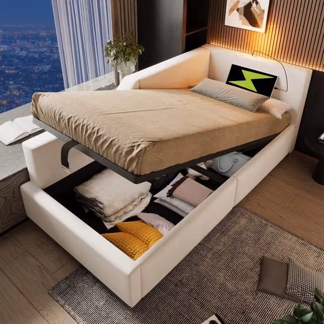 Letto Imbottito con Contenitore Idraulico ¨C MINIMAL ¨C Velluto Beige, Rete a Doghe, USB, 90x200