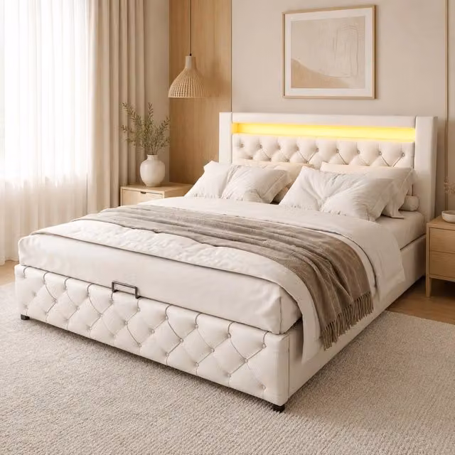 Letto con contenitore Mivray con rete a doghe sollevabile, testiera alta imbottita e illuminazione LED, rivestito in ecopelle bianca, L/P: 160 x 200 cm, H: 207 cm
